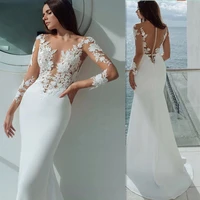 lace elegant ivory wedding dresses 2021 sexy illusion neck lace appliques long sleeve stain bridal gown vestido de noiva