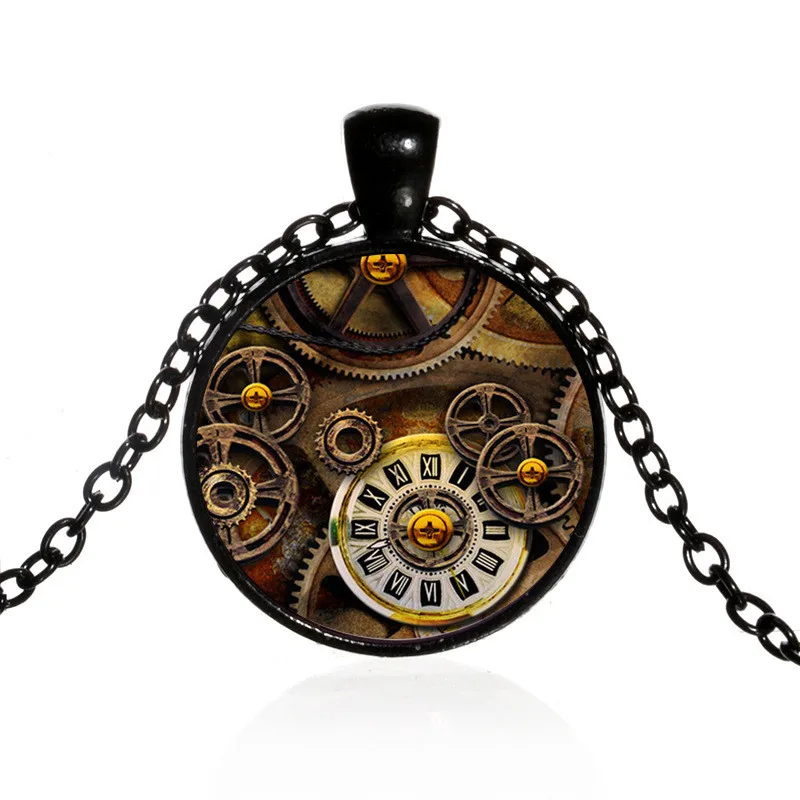 

Fashion Punk Gear Dial Art Photo Jewelry Accessories Cabochon Glass Pendant Chain Necklace for Women's Girl Creative Gifts