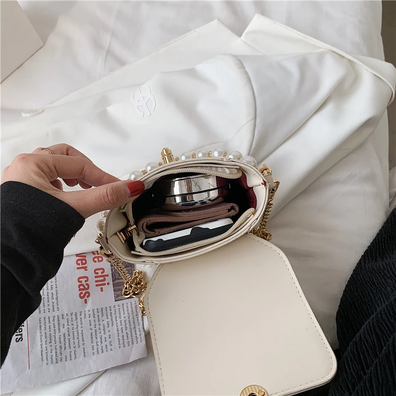

Pearl Chain Bucket Bags for Women Solid Color Shoulder Crossbody Bags Ladies Trendy Fashion Handbags Pu Leather Small Tote Bag