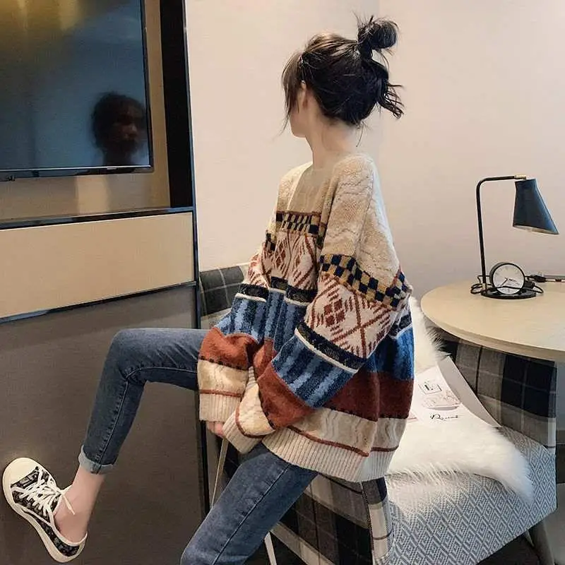 

Vintage Patchwork Fashion Knitted Sweater Warm England Style O-neck Tops Women Loose Pullover Sweater Autumn Winter New Fashion
