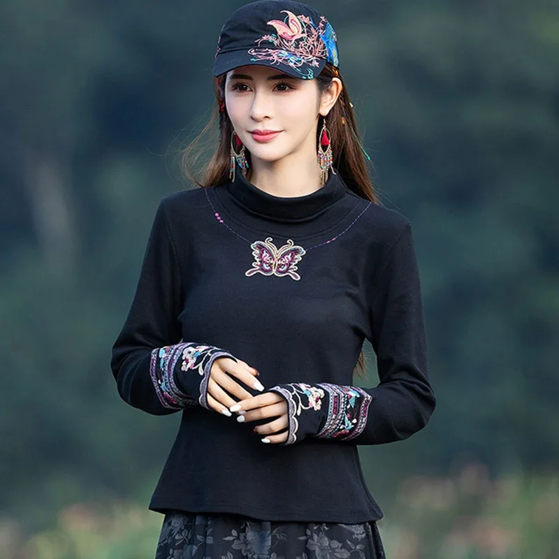Топ в китайском стиле для девушек из леса Готическая винтажная черная водолазка