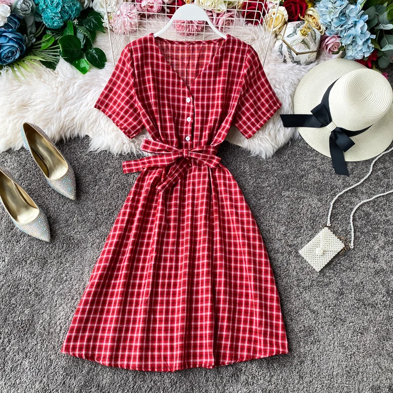 Женское винтажное платье миди Teeuiear облегающее в клетку с V образным вырезом и