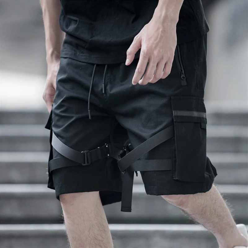 

Men Hip Hop Short Joggers Streetwear 2020 Harajuku Cargo Shorts Pockets Ribbon Summer Black Tatical Military Baggy Short Hipster