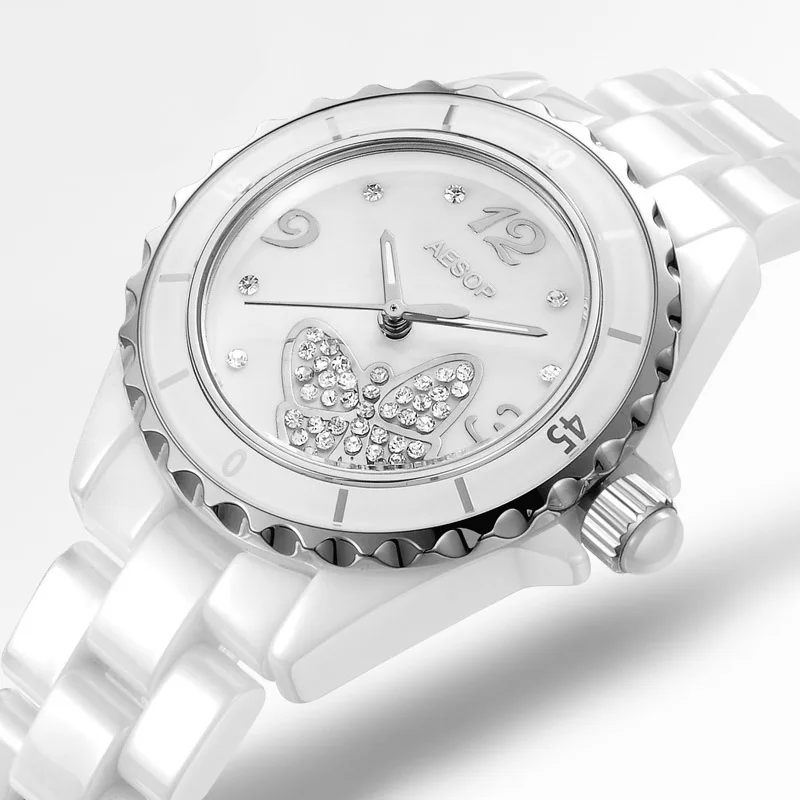 2020 новые часы женские белые керамические с бабочкой кварцевые Relogio Feminino