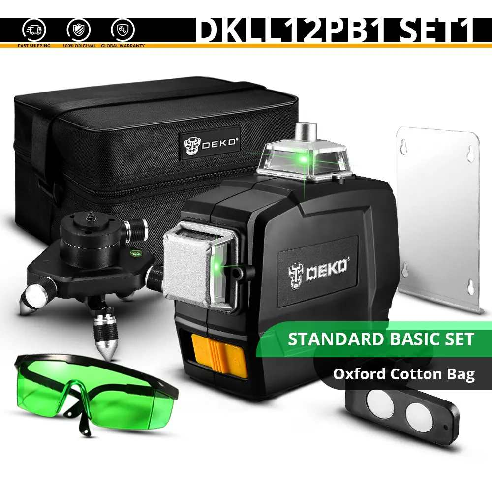 DKLL12PB1 SET1 DEKO DC серия 3D 360 градусов вращающийся самонивелирующийся лазерный уровень зеленый мощный вертикальный горизонтальный 12 поперечных линий внутри/снаружи - Цвет: DKLL12PB1 SET1