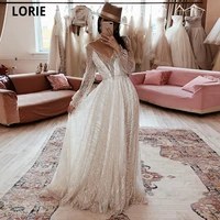 lorie glitter lace beach wedding dresses 2020 v neck long sleeevs backless shiny boho bridal gowns plus size princess party gown