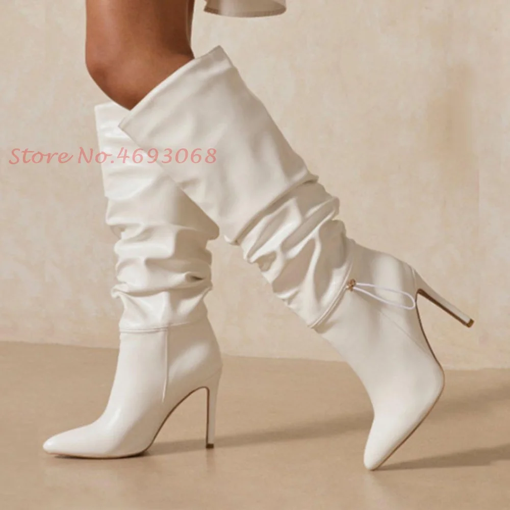 

Pleated Leather Knee High Boots For Women High Thin Heels Casual Slip On Sweing Pointed Toe Modern Boots All-match British Sytle