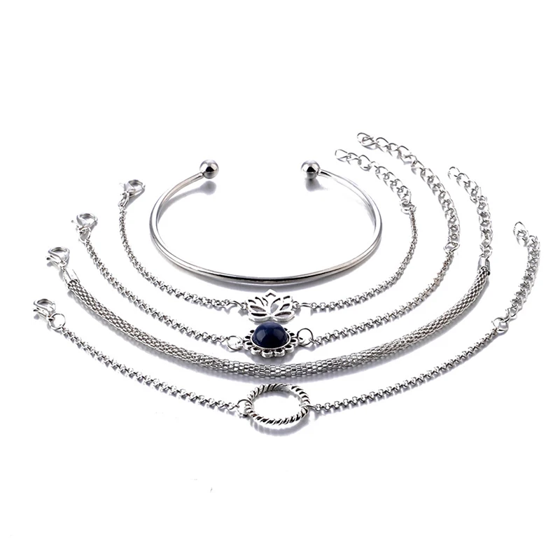 5pcs/set Fashion Personality Vintage Multilayer Lotus Circle Simple Bracelet Boho Style Temperament Chain | Украшения и