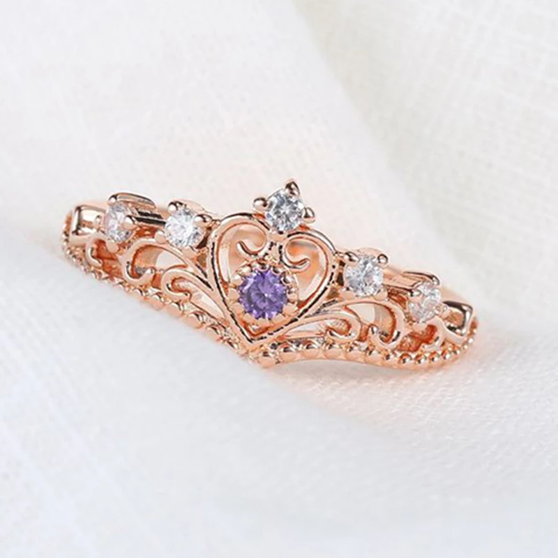 

UILZ Luxury Hollow Out Crown with Blue Purple Red Zircon Rings for Women Rose Gold Color Charm Girl Finger Jewelry Hot Sale