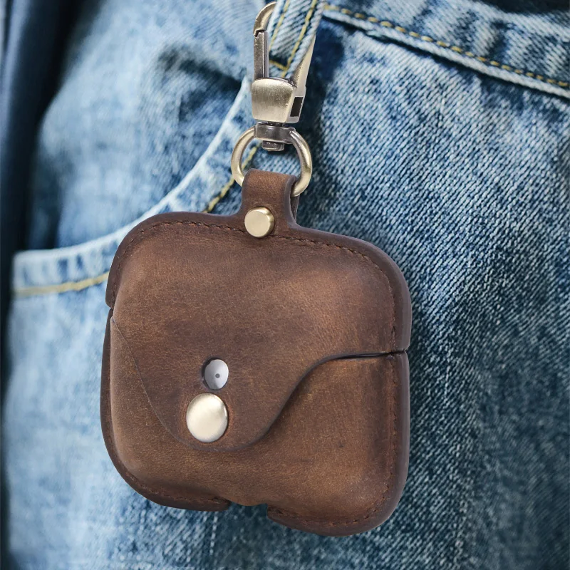 

luxury genuine cowhide leather vintage small coin purse retro wireless earphone cases for airpods pro casual hasp mini bag