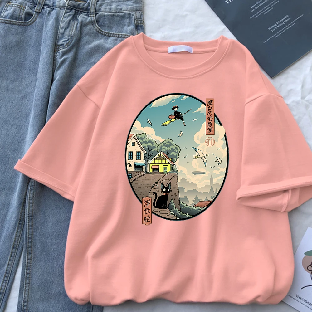 Ukiyoe Kiki служба доставки принт Женская футболка с коротким рукавом приятные для