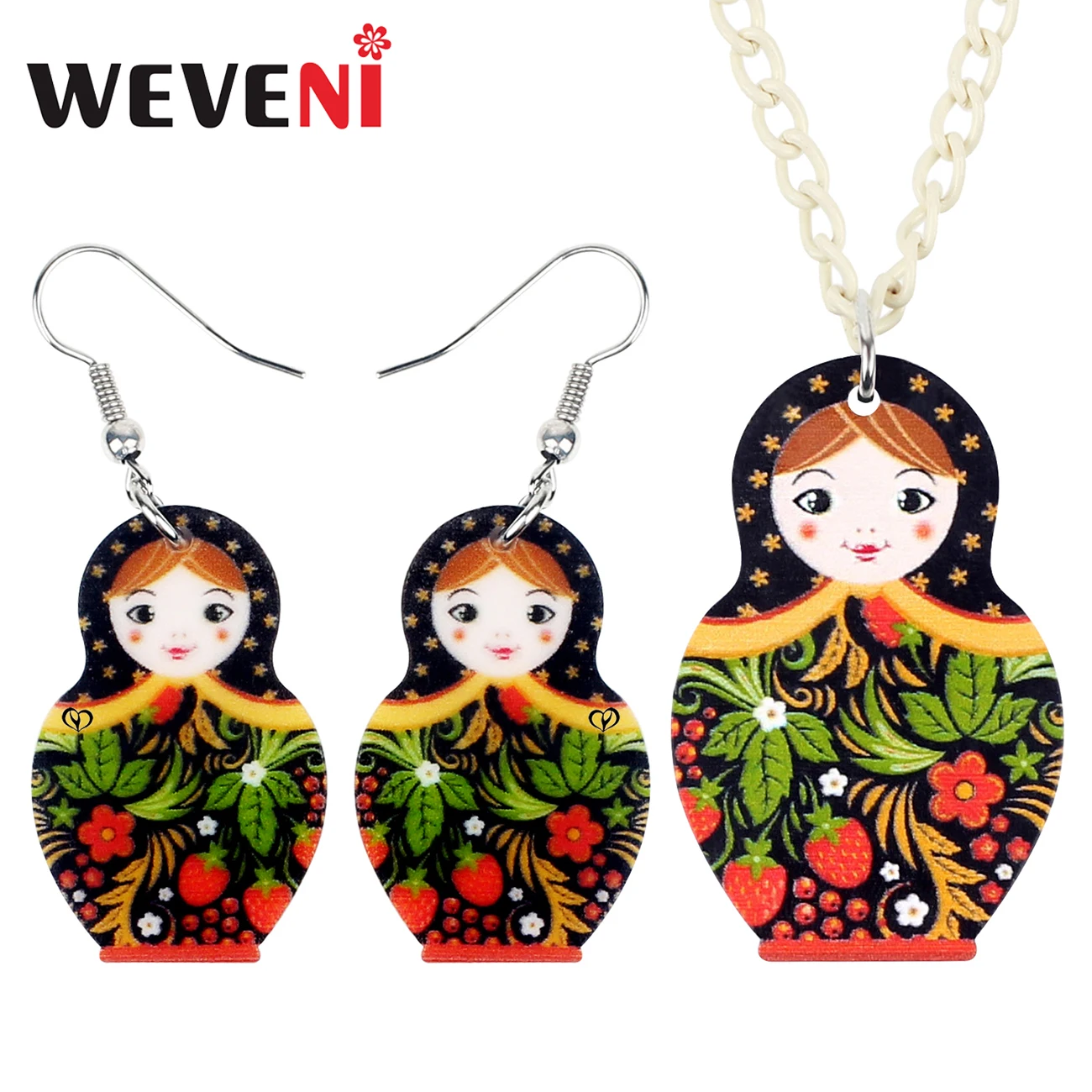 Набор ювелирных изделий "Матрешка" из акрила WEVENI: серьги и ожерелье для женщин, подарок на день рождения или декорирование.