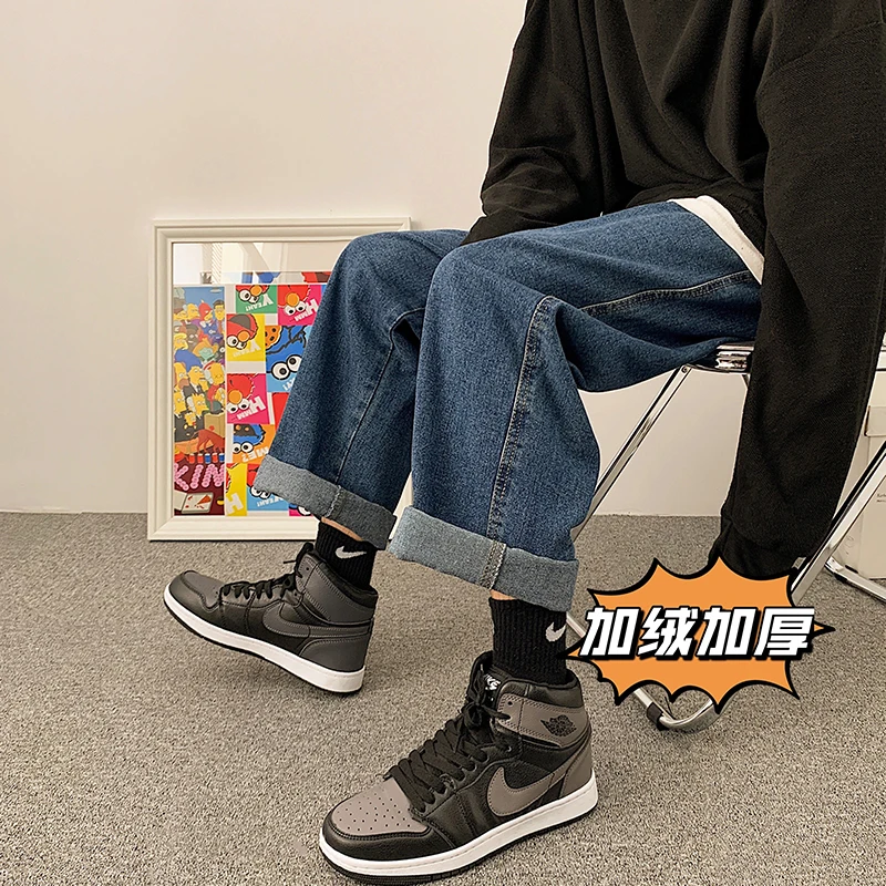 

Winter Thick Velvet Men Jeans Japanese Vintage Solid Simple Jean Pants Male Fleece Warm Loose Gentleman Casual Denim Pants