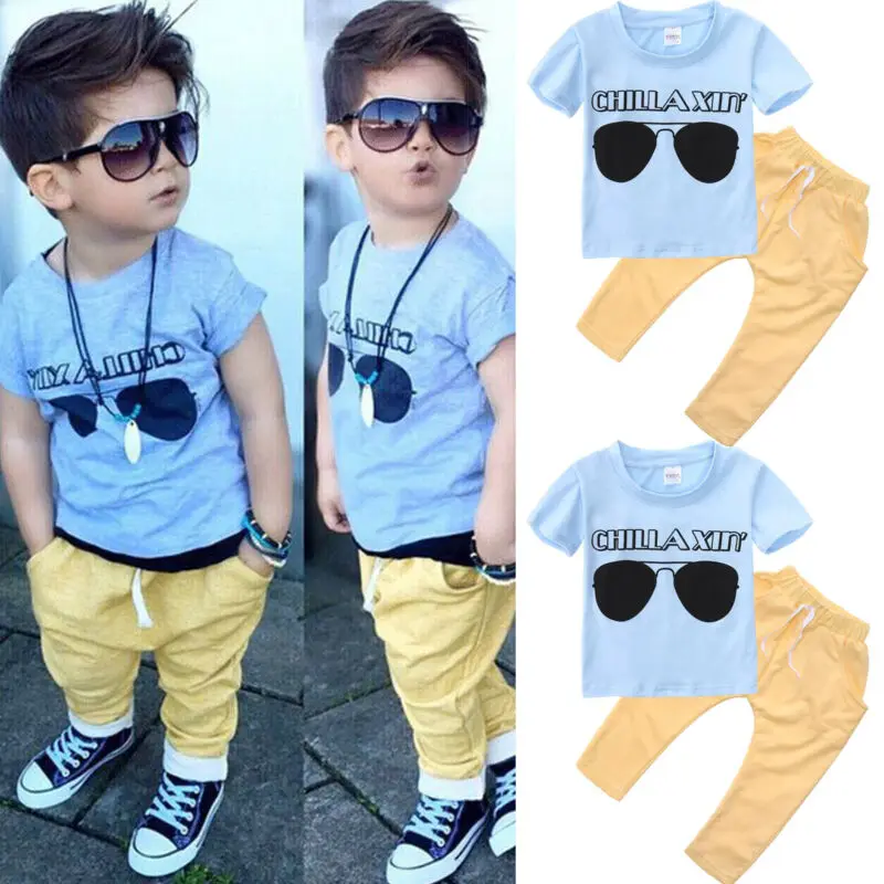 Детская одежда для маленьких мальчиков футболка Топ + длинные штаны комплект