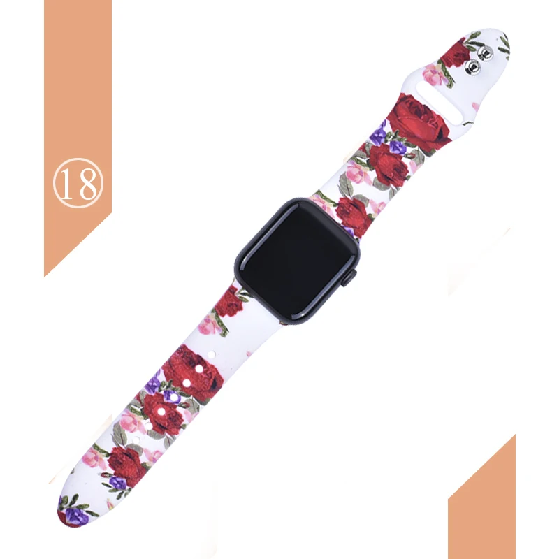 С цветочным узором ремешок для наручных часов Apple Watch 5 4 3 2 1 38/40 мм/42 44 мм мягкий печатным рисунком разноцветных силиконовых спортивный ремешок для наручных часов Iwatch, 4 Для женщин детей - Цвет ремешка: Color 18