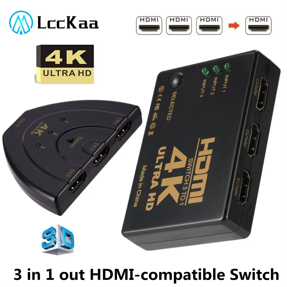 

LccKaa 3 Port HDMI-Compatible Switch 4K*2K Switcher Splitter Box Selector 3x1 Ultra HD Video 1080P For DVD HDTV Xbox PS3 PS4