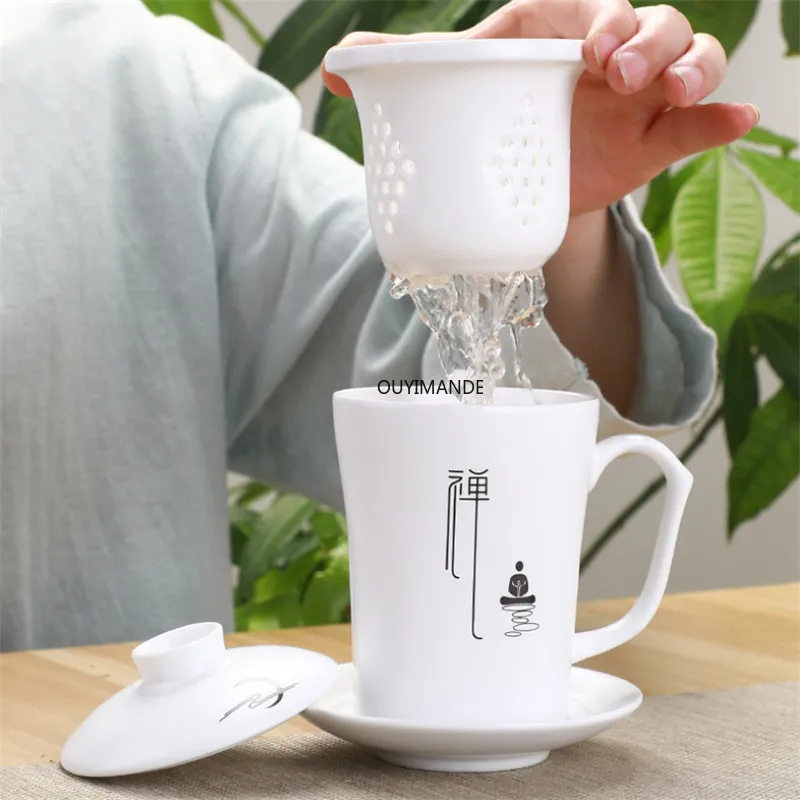 

Creative Simple Filter Teacup Ceramic Single Kung Fu Office Water Mug with Cover Tea Set Household White Porcelain Tea Cup Gift