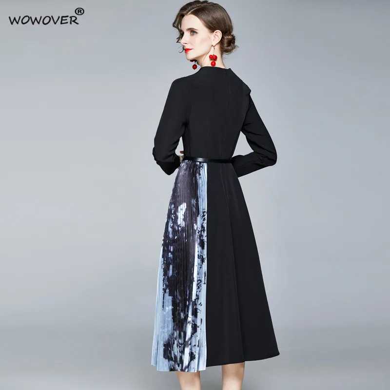 

Lady Elegant Designer Full Sleeve Print Patchwork Pleated Midi Dress Autumn Clothes for Women Fashion Belt Office Party Vestidos