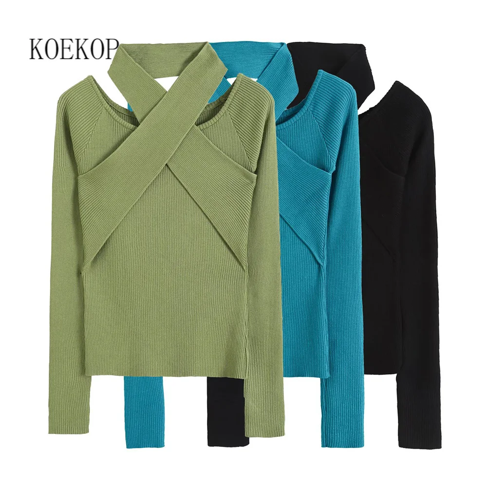 

Koekop Women Vintage Knit Top with Crossover Halter Neck Long Sleeves Chic Lady Casual Knitwear INS Style Sweater Woman