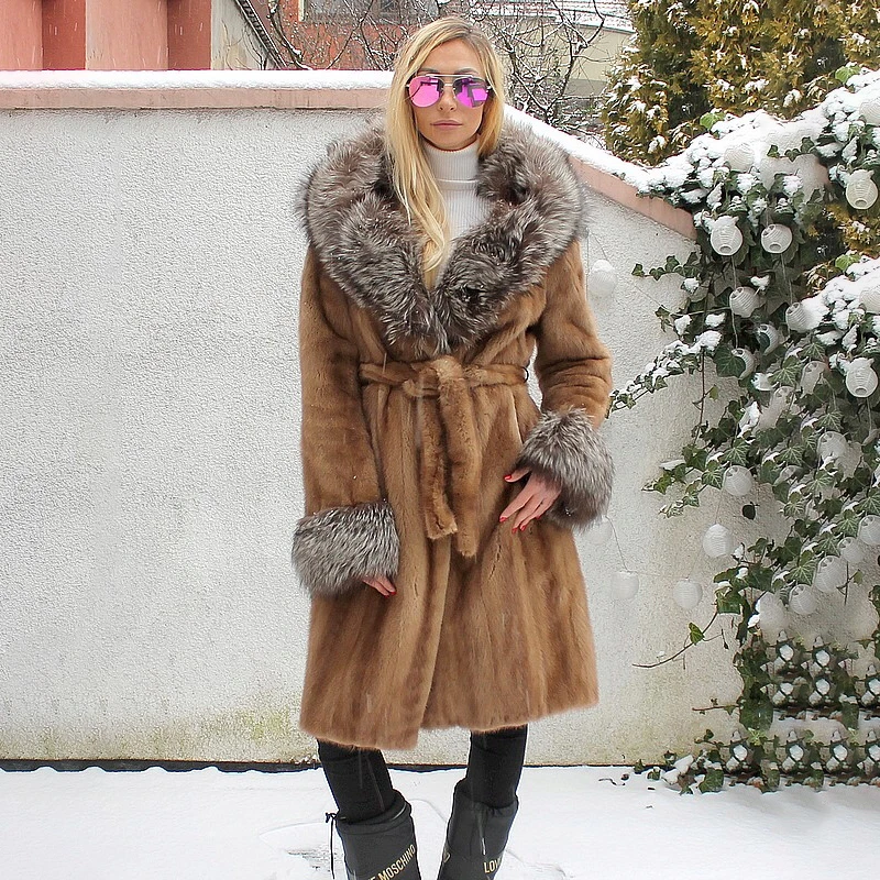 BFFUR 100cm Long Mink Fur Coat With Silver Fox Fur Hood Thick Warm Winter Woman Luxury Overcoats Natural Mink Fur Jackets Women