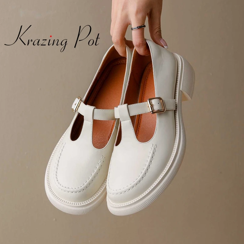 Krazing Pot cow split leather round toe med heel buckle strap shoes women classic colors all-match preppy style casual pumps L22