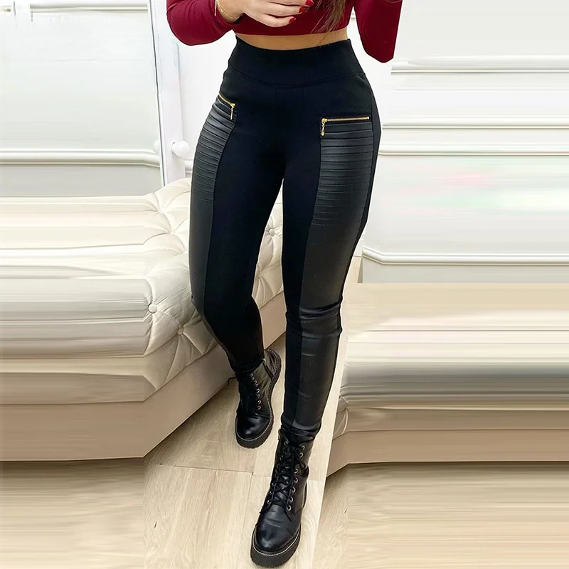 

2021 Autumn New High Waist Zipper PU Leather Casual Women Skinny Pants