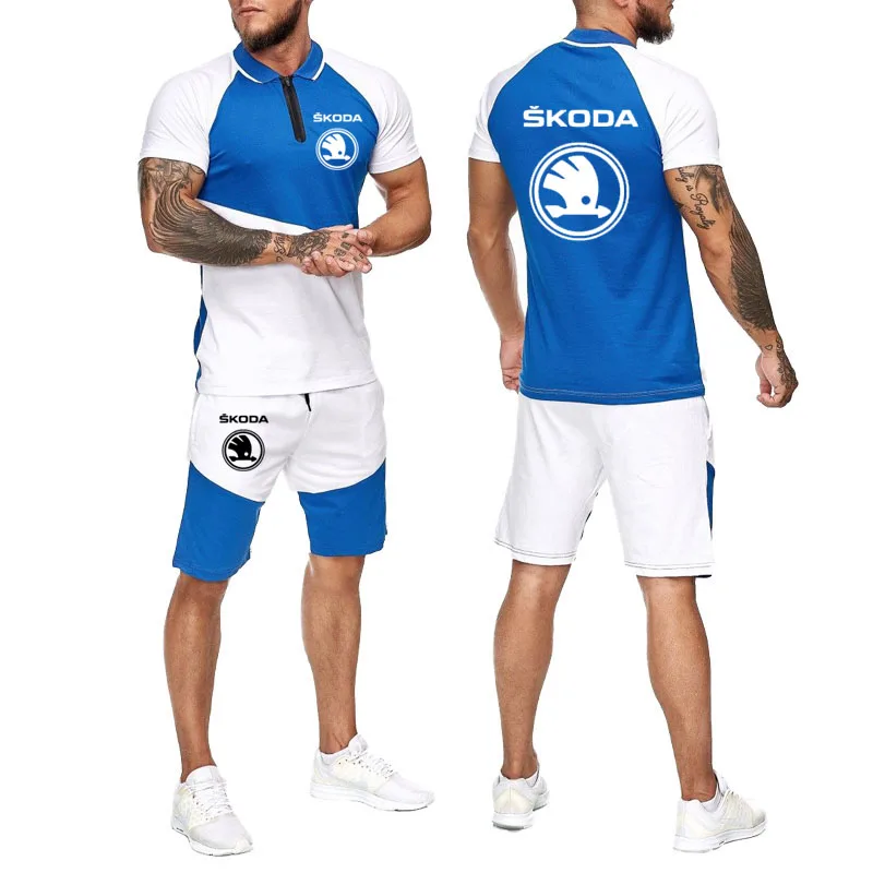 

Business Casual 100% cotton Mens polo shirt Skoda car logo Print Summer Streetwear Harajuku style Mens shorts top 2-piece set
