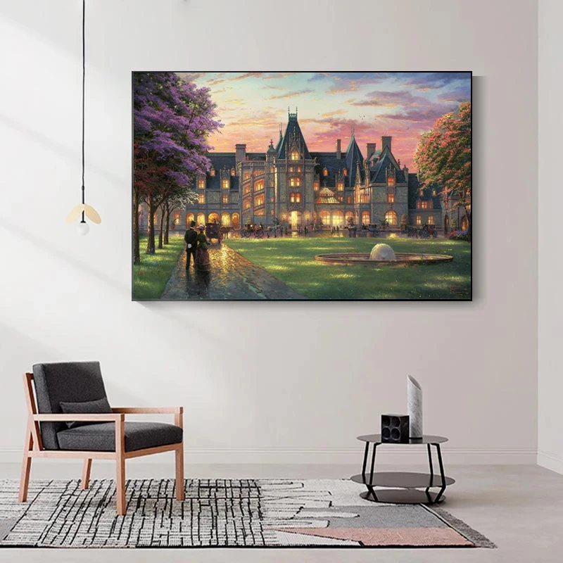 

Church Farmhouse River Unicorn Landscape Painting Famous Thomas Kinkade Canvas Oil Painting Wall Art Posters and Prints Picture
