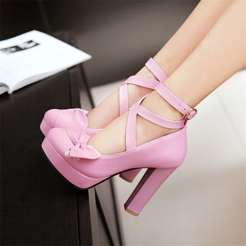 

High Heels 10cm Sweet Lolita Shoes Cross Strap Round Head Thick Heel Cute Bowknot Kawaii Cosplay Princess Loli Anime Women Shoe