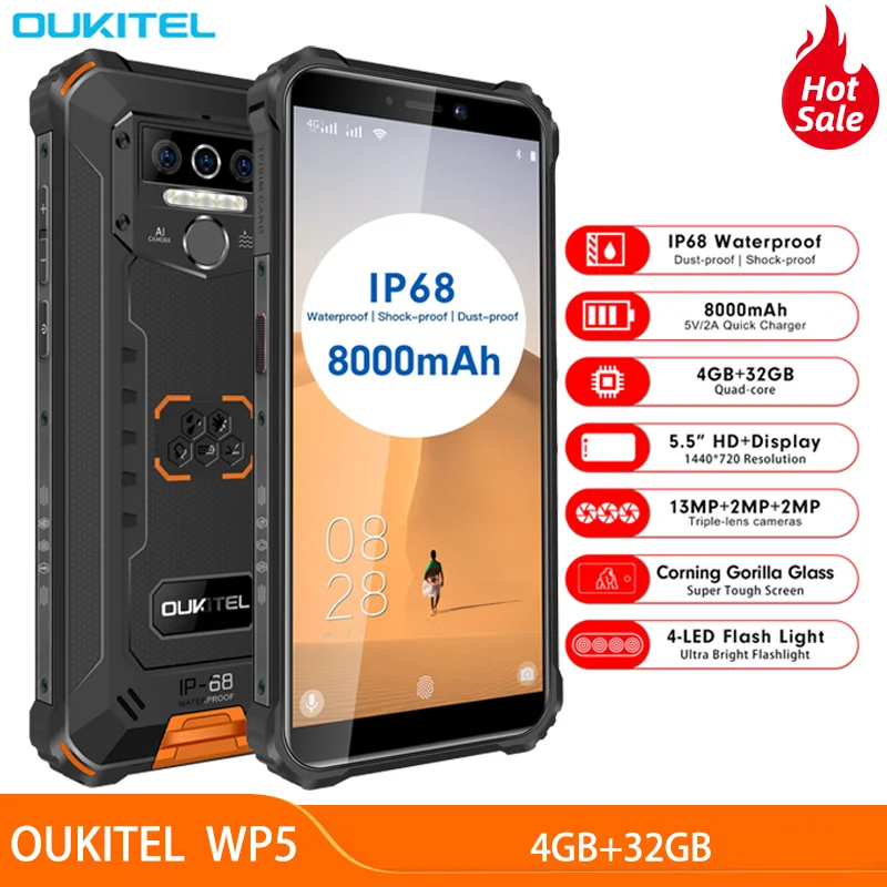 Смартфон OUKITEL WP5 IP68 4 + 32 ГБ 8000 мАч 5 дюйма Android 9 0 тройная камера | Мобильные телефоны