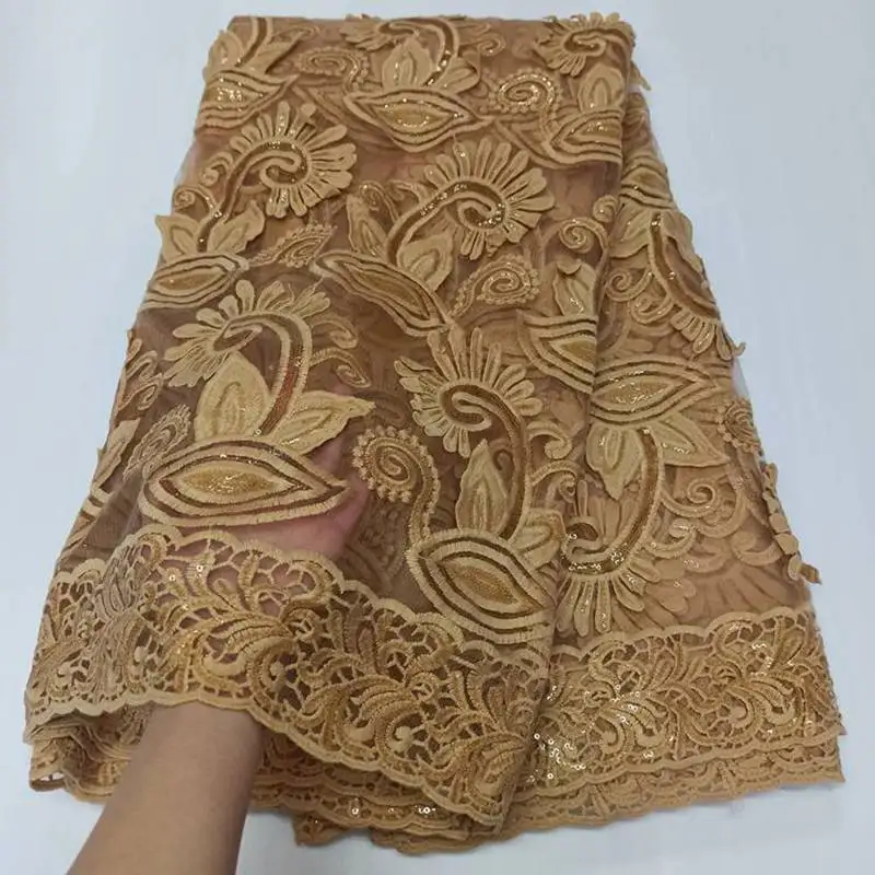 

2021 New Gold Color 3D Flowers Net Lace Fashion Fabric With Sequins OK1009