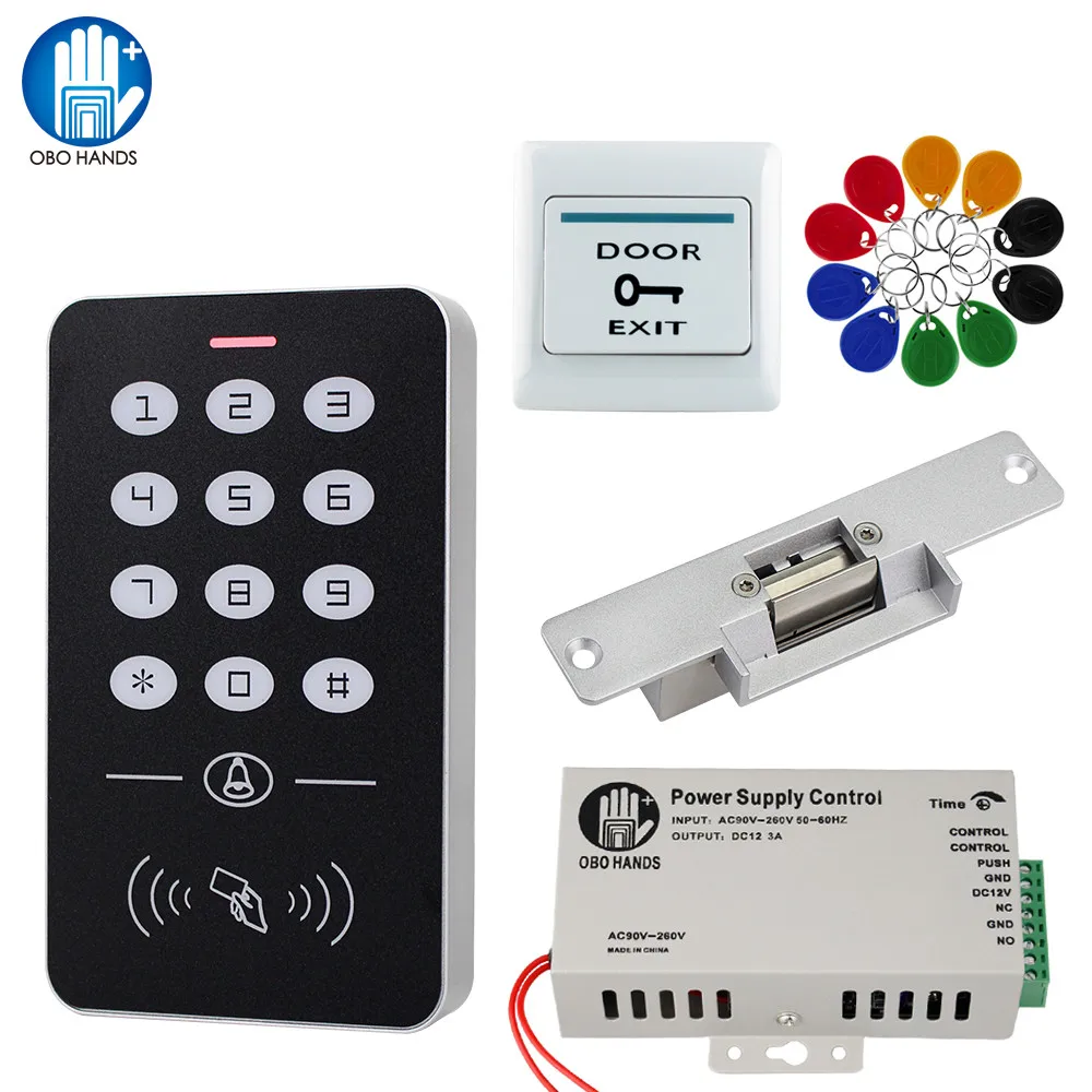 Door Access Control System Kit RFID Access Control Keypad + Power Supply + Electric Magnetic Lock Bolt Strike Locks + 10pcs Keys