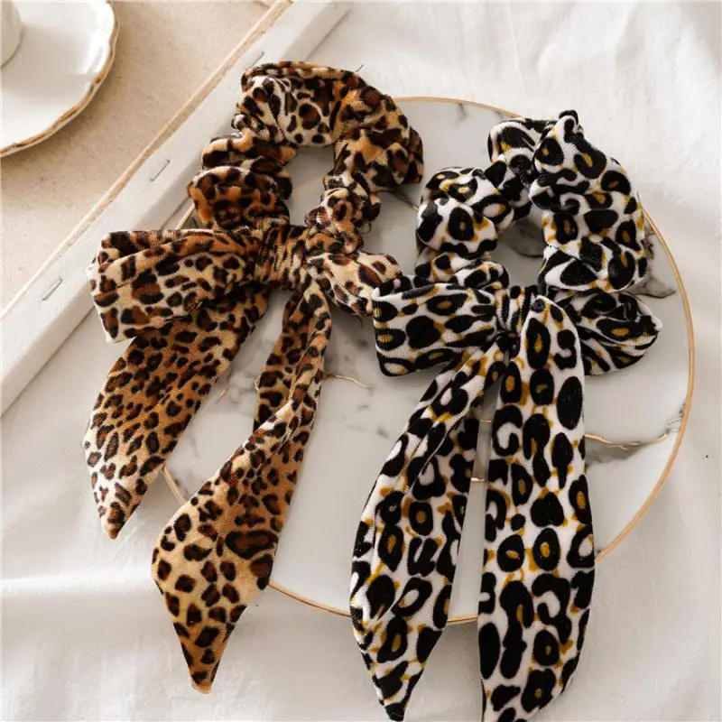 Винтажная фланелевая резинка для волос с бантиком зимняя мягкая леопардовая