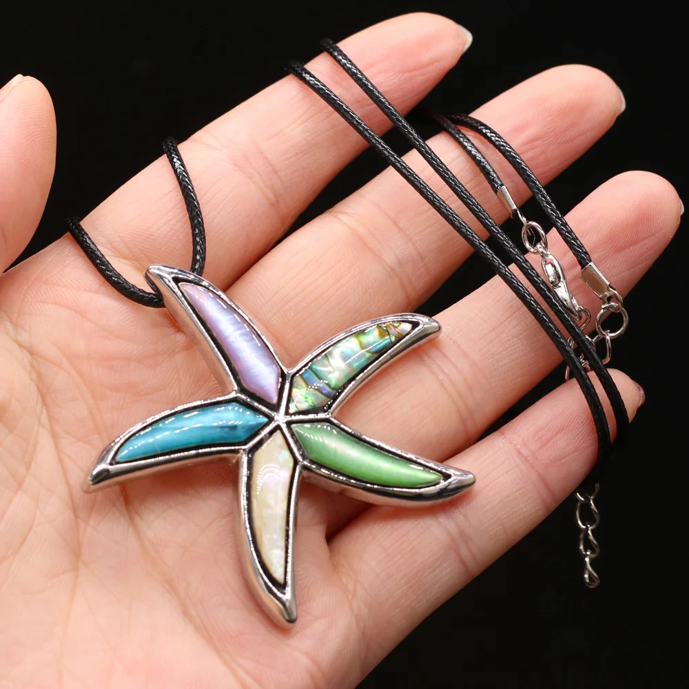

Natural Shell Necklace Starfish Pendant Leather Rope Diameter 2.0mm Length 55+5cm Pendant Size 55x55mm