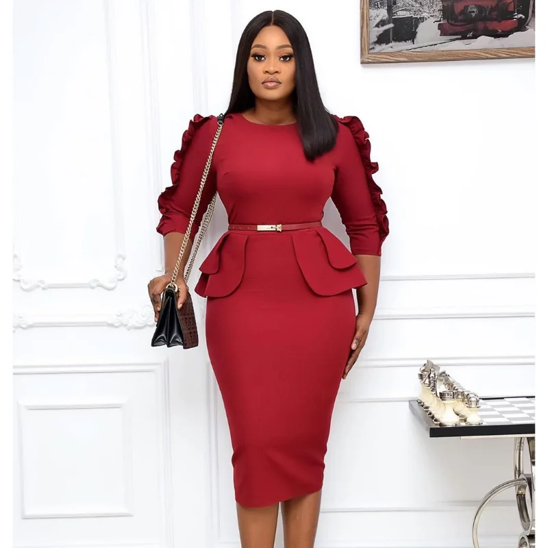 

Женское офисное платье с оборками и круглым вырезом, однотонное облегающее платье до колен, платье большого размера в африканском стиле, ле...