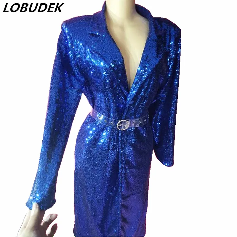 

Ladies Bar Nightclub Concert Stage Sequined Overcoat Shining Silver Blue Red Sequins Long Coat Cloak Singer Host Show Costume