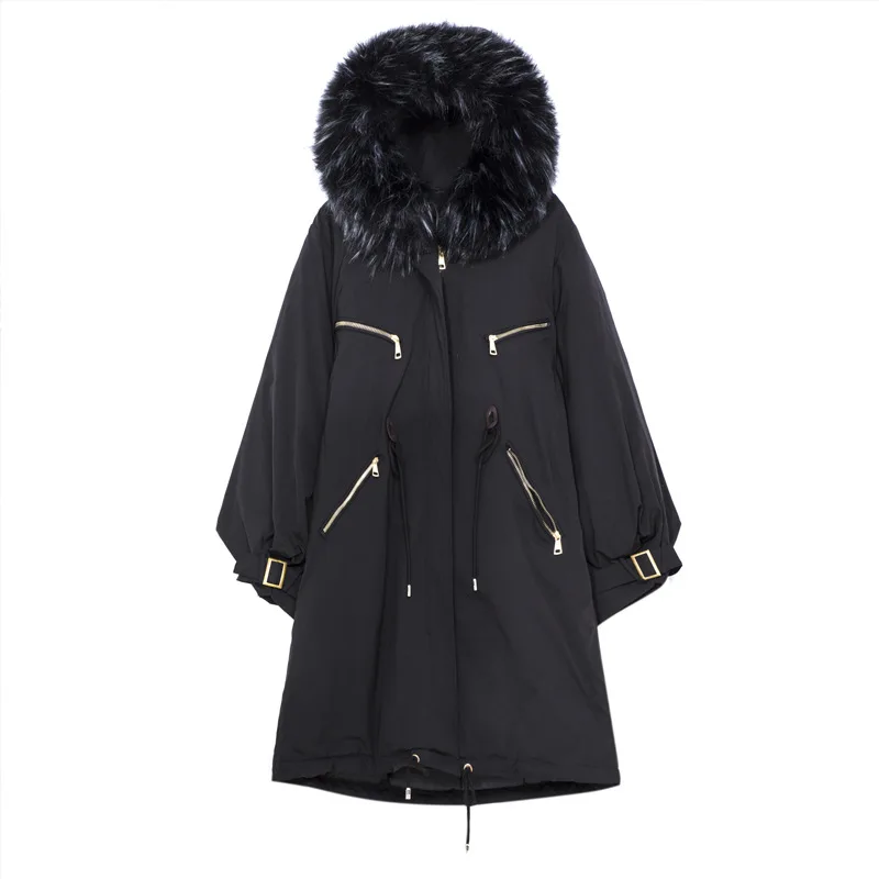 

style long 2020 winter Korean version of new large woolen collar cotton padded jacket with loose waist and large size