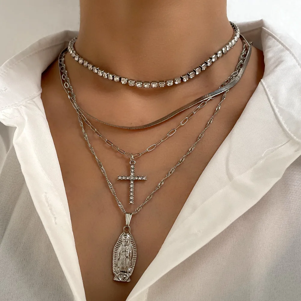 

2021 New Fashion Multi-layer Cross Maria Coin Pendant Choker Necklace for Women Silver Color Snake Chain Collar Necklace Jewelry