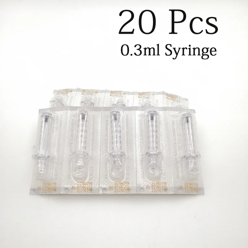 20pcs 0.3ml Syringe 50 шт. одноразовые 0,3 мл ампульная головка шприца и 50 шт. иглы для гиалуроновой кислоты ручка распылитель водный шприц против старения морщин - Номер модели: 20pcs 0.3ml Syringe