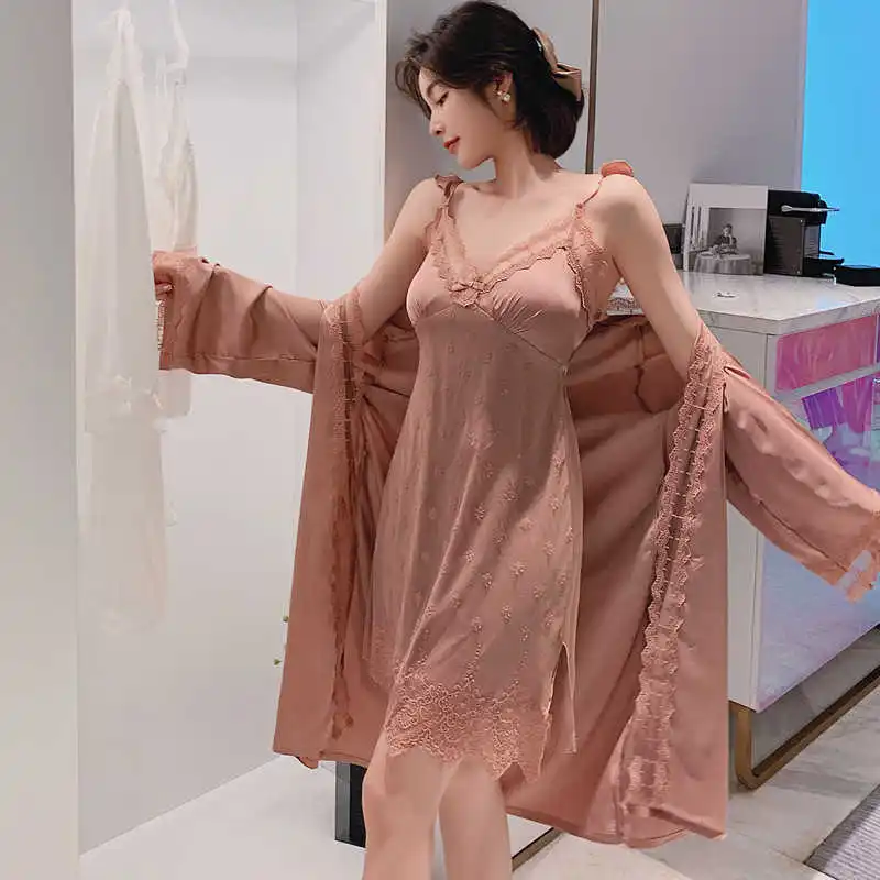 

Sexy Women Night Sleepwear Silk Dress Lounge Wear White Pink Kimono Robe Sets Underwear Long Sleeve Winter Nightwear Bathrobe