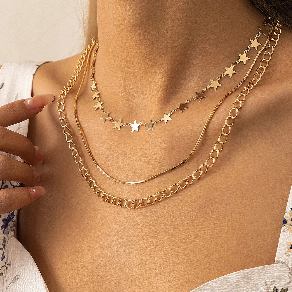 

Vintage Multi Layered Star Choker Necklace For Women Fashion Copper Blade Snake Chain Statement Pendant Necklaces Charm Jewelry