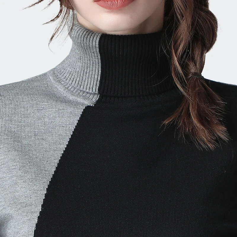 

Women Winter Sweater Button Up Collar Fashion Black Gray Colors Block Warm Thicken Knitted Top Loose Plus Size Casual Sweaters