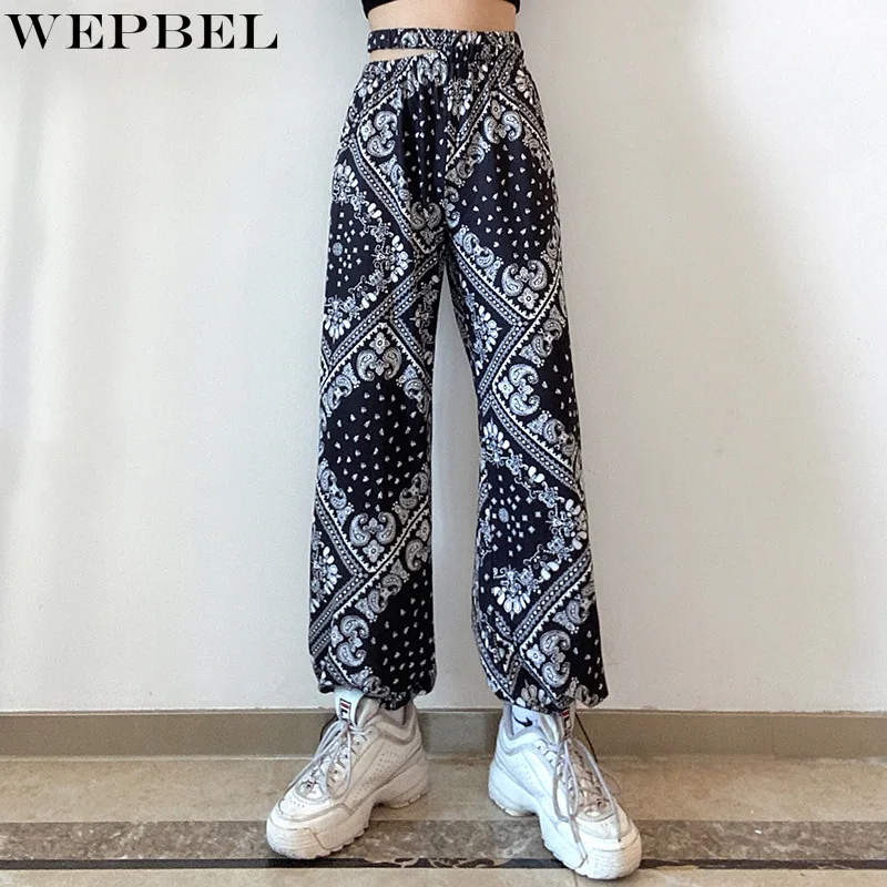 

WEPBEL Long Pants Women's Casual Printed Loose Hollow Out Pants Summer Fashion High Waist Wide Leg Pants