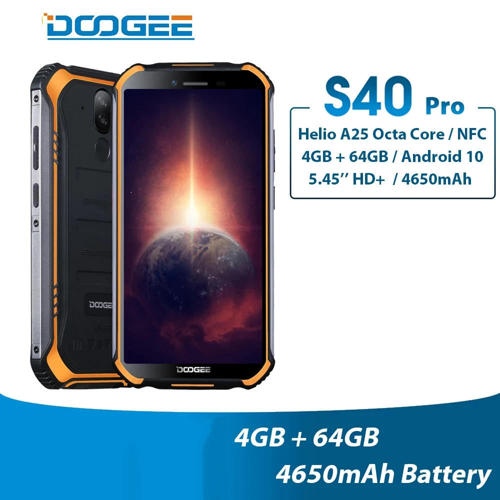 

DOOGEE S40 Pro IP68/IP69K Rugged SmartPhone 5.45" NFC 4GB RAM 64GB ROM Helio A25 Octa Core Android 10 4650mAh 13MP Mobile Phone