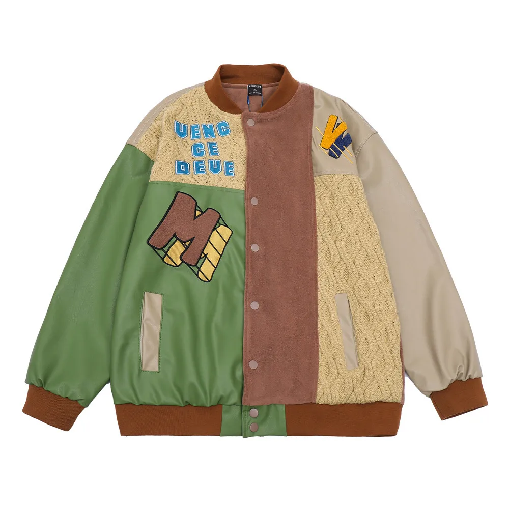 

European American letter embroidery contrast stitching jacket men's street fun trendy brand loose stand collar Baseball Jacket
