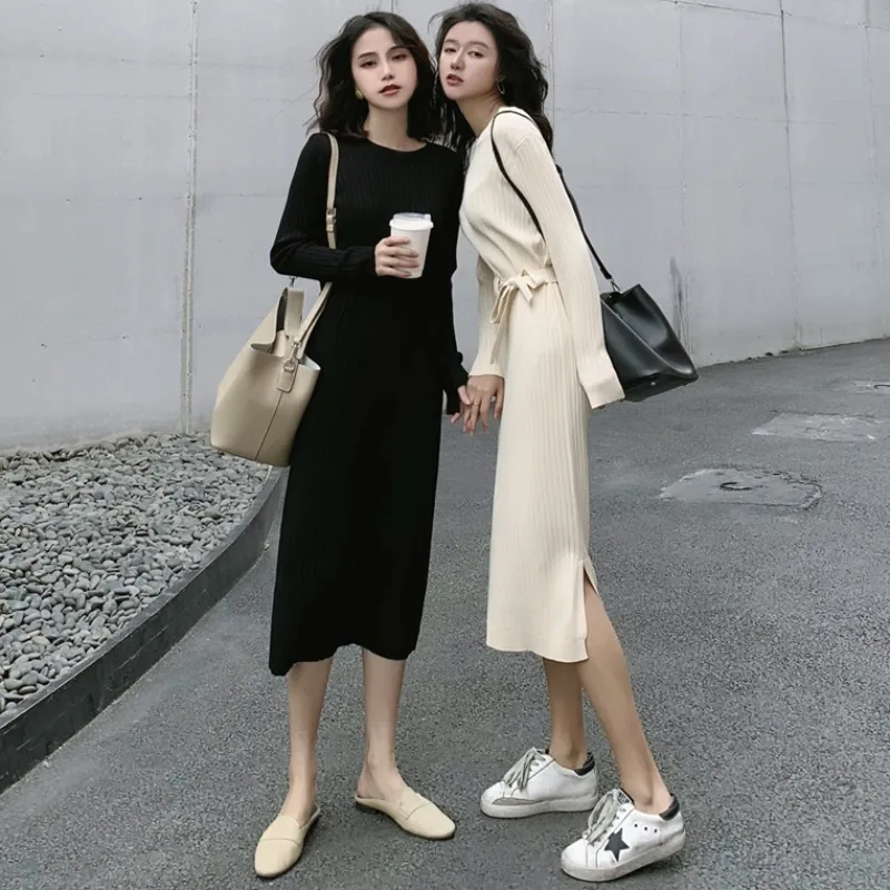 

2021 Spring New Base Knitting Long Dress Women's Temperament Waist-Controlled Slimming Dress Mid-Length A- line Split Skirt