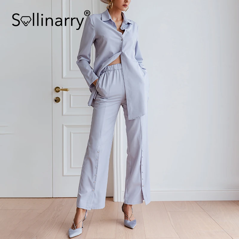 

Sollinary Autumn solid blazer suits office lady Elastic waist button straight blouse suits Long sleeve V neck shirt sets wome