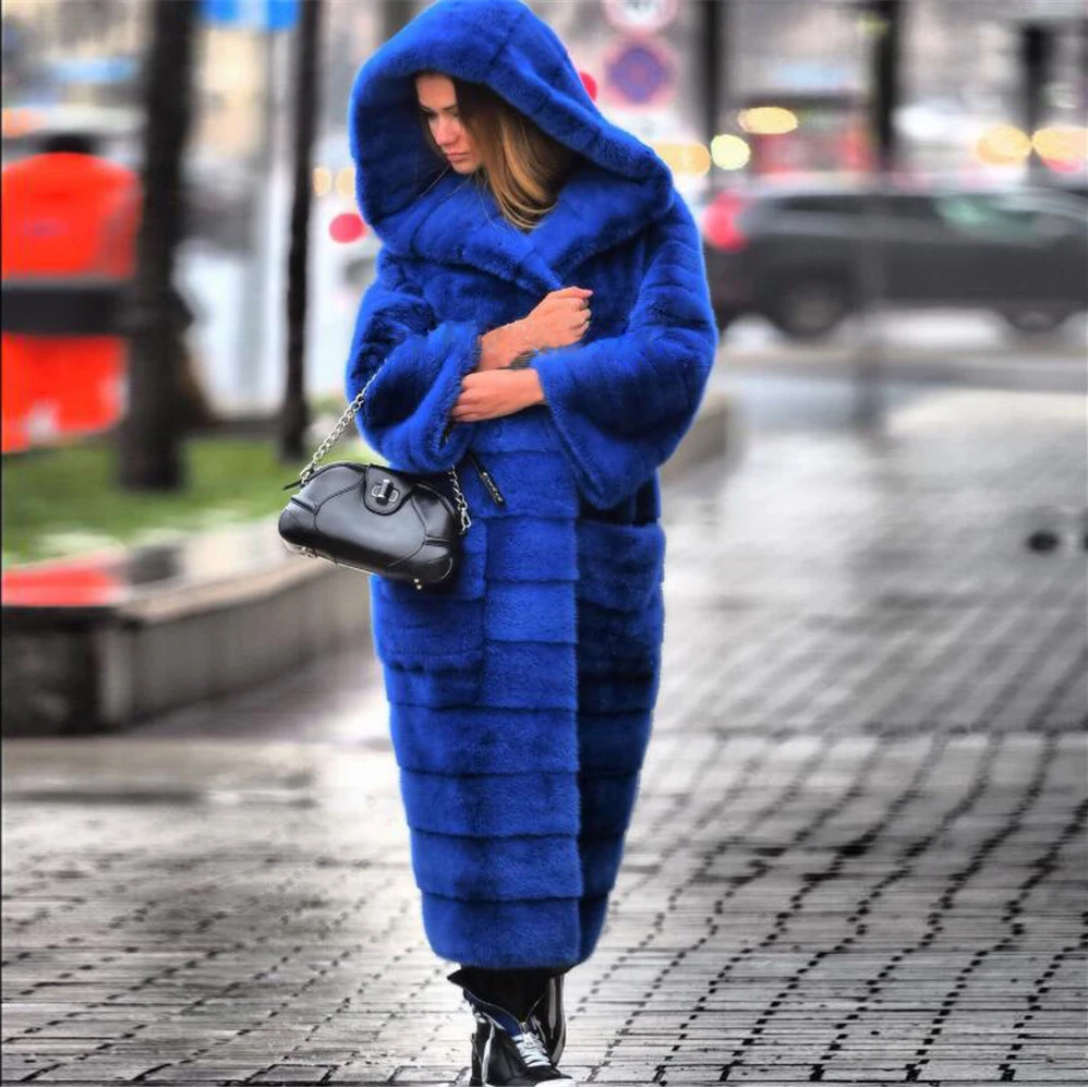 

FURSARCAR 2021 New Whole Skin Mink Fur Coat For Women 120cm Long Royal Blue Natural Mink Fur Jacket With Hood Winter Fur Coats