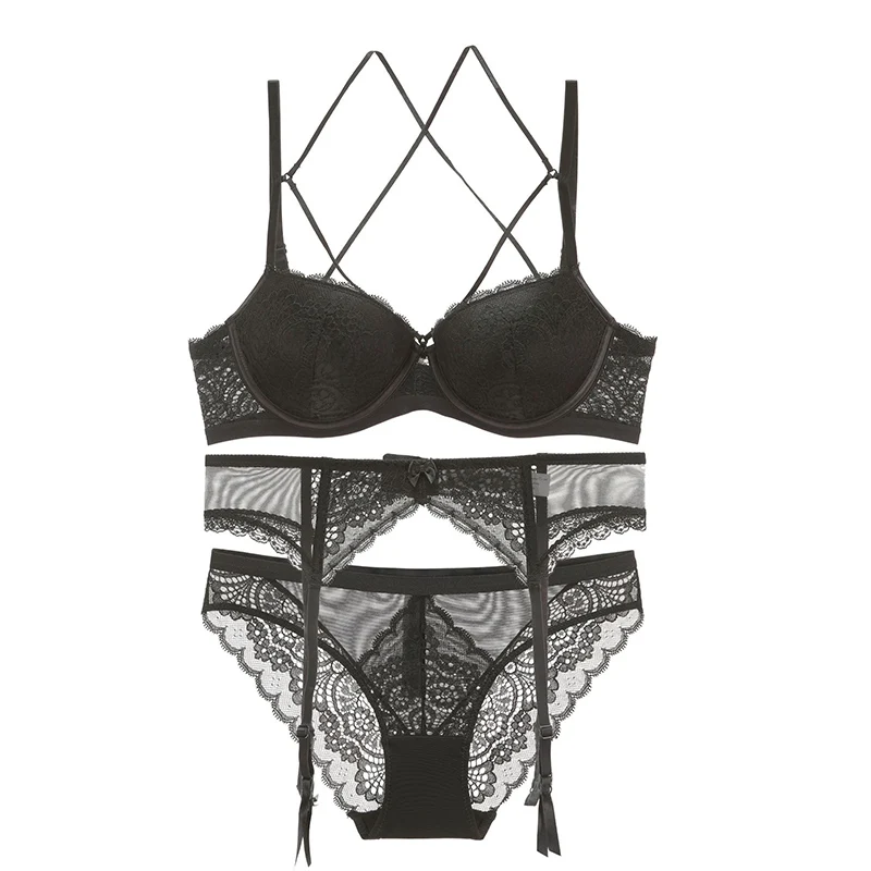 Черный Sexy Lace Bra+ Panties+ Garters Set Underwear Push Up Bra Thick Padded Backless Bandage Bra A B C D Cup Women Lingerie - Цвет: Черный