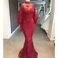 high neck prom dresses 2020 lace long sleeve hand made flowers mermaid floor length evening dresses